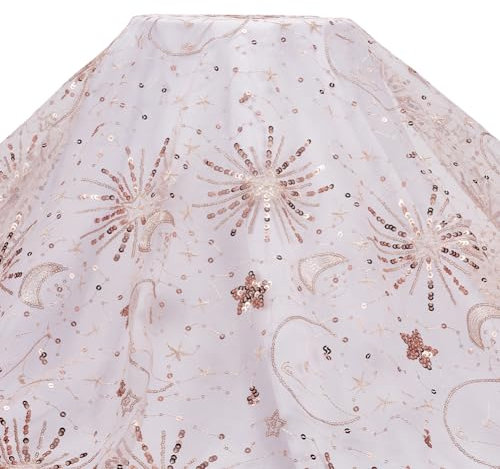 MAYJOYDIY Tessuto in pizzo rosa con paillettes e stelle e luna, 1,8 m x 150 cm, con glitter, stelle e luna, tulle per fai da te, cucito, abbigliamento, matrimoni, palcoscenico, gonne, tutù, gonne