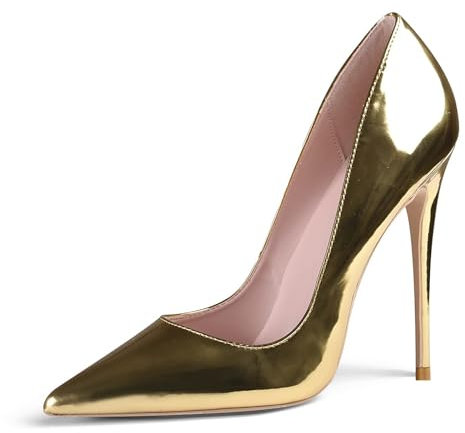 GENSHUO Women's Stiletto Heels, Sexy Pointy Court Shoes, 12 CM (4.72 in), Classic Slip-on Patent High Heels for Party Wedding, Gold, 6.5 UK