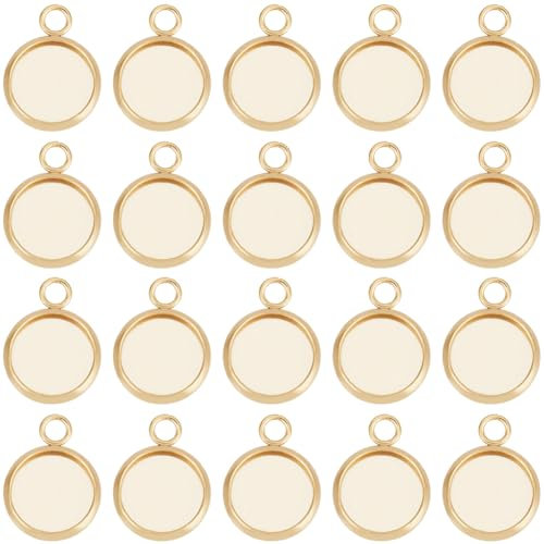 Beebeecraft 1 Box 40 Stück 10 Mm Cabochon Fassungs Charms Aus 24K Vergoldetem Edelstahl Mit Glattem Rand Und Lünettenbechern Flacher Runder Rückseiten Charm Für DIY Schmuckherstellung