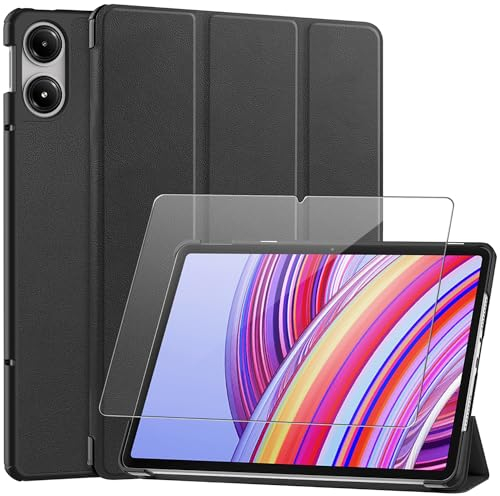Cover Per Xiaomi Redmi Pad Pro 12.1'', Nero PU Pelle Portafoglio Libretto Flip Protettiva Custodia con 1 Pezzo Vetro Temperato Pellicola Protettiva Per Xiaomi Redmi Pad Pro 12.1''
