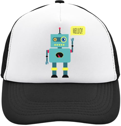 Functon+ Toy Robot Saying Hello and Waving Mesh Back Trucker Cap Adjustable Snapback Hat Casu White, Schwarz , Einheitsgröße