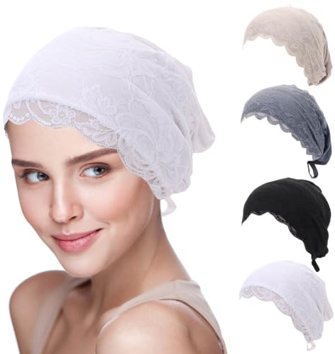 4 Stück Damen-Innenmützen aus Spitze für islamisch-muslimische Hijab – einfarbig, volle Abdeckung, Baumwolle, elastische Unterkappe mit Raffverschluss, unter Schal, Mütze, Motorhaube, Kopfbedeckung,