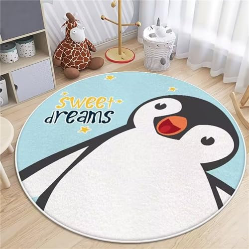 Kinderteppich Teppich Kinderzimmer, Tier-Muster Flauschiger Teppich Rund, Mädchen Weiche Rund Teppich für das Schlafzimmer Wohnzimmer Kinderzimmer, Rund Spielmatte Babymatte (Pinguin,100X100CM)