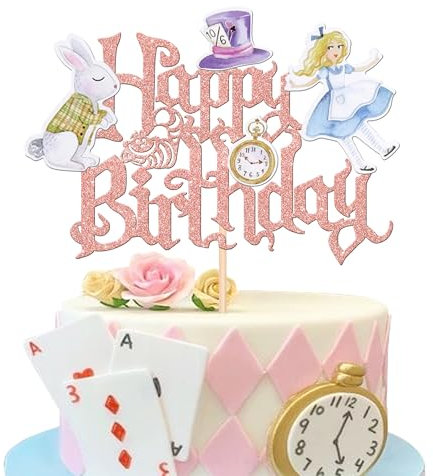 Xsstarmi 1 Pack Wonderland Theme Happy Birthday Cake Topper Rose Gold Pocket Watch Rabbit Mad Hatter Cake Pick Decoration for Alice Theme Happy Birthday Baby Shower Party Cake Decorations