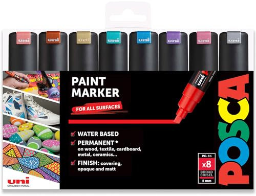 Posca PC-8K Water Based Permanent Marker Paint Art Pens - 8mm Chisel Tip Nib - Set of 8 in Plastic Wallet - Metallic Tones