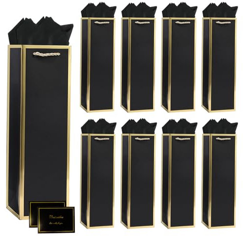 12 Pack Black Wine Gift Bags with Tissue Paper and Cards, Bottle Gift Bag with Handle Wine Tote Bag for Christmas Wedding Holiday Birthday