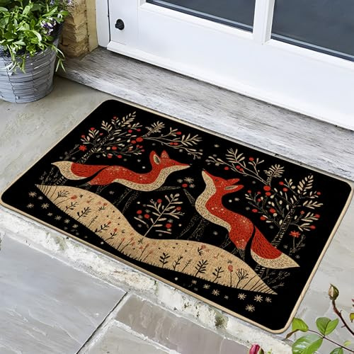 Autumn Fox Doormat, Orange Foxes Door Mat for Outdoor & Indoor Entrance Woodland Decor, Rubber Waterproof Non-Slip Dust Absorbent Front Doormat, Easy Clean 29x17 Inch