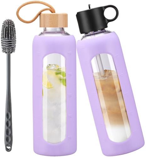 HYDRAGLAZIC 700ml Trinkflasche aus Glas mit 2 Deckeln – Strohhalmdeckel, Bambusdeckel, Glasflasche mit Silikonhülle, Zeitmarkierung, Wasserflasche Glas für Kaltgetränke,Lila