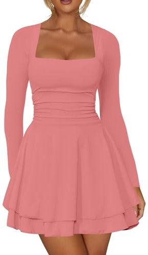 Kaximil Mini robe à col carré et ourlet à volants pour femme - Taille froncée - Manches longues - Corset - Robe de fête courte, Rose d'eau, Taille L