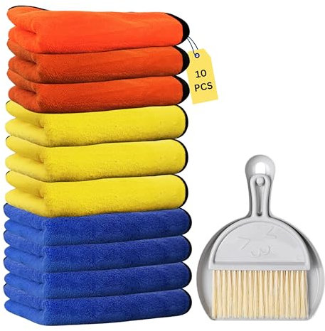 Floorington Premium Microfibre Cleaning Cloths Pack of 10, Double-layer, Lint Free Super Absorbent Towel for Household and Car Washing, Drying Size40 x 30 cm free Mini dustpan & brush set MT55