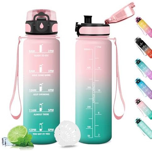 Gourde 500ml, Bouteille d'eau Enfant, Gourde sans BPA, Étanche & Réutilisable, Gourde Sport avec Marqueur de Temps, Gourde Motivation pour Enfant, Cyclisme, Bureau, l'école, Camping, Yoga, Gym