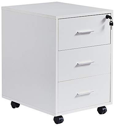 Weißer Büroschrank mit Schloss, 3 Schubladen, Holz, mobiler Unterschreibtisch, Standfuß, Dokumentenschrank auf Rädern, für kleine Räume