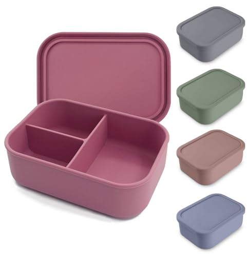 Chingcoo Caja de almuerzo con compartimentos, de silicona, 800 ml, sin BPA, apta para lavavajillas, con 3 compartimentos, rosa empolvado