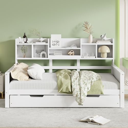 Daybett Einzelbett 90x200 cm, Massivholz Tagesbett mit Ausziehbett & Staufach & Bücherregal, Kinderbett Holzbett Jugendbett Stauraumbett Funktionsbett, Bettgestell mit Lattenrost, Ohne Matratze, Weiß