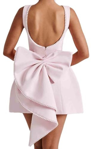 Vagbalena Abito corto da Donna con fiocco di perle elegante aderente e senza schienale a trapezio tinta unita per cerimonia banchetto ballo di fine anno (Rosa,S)