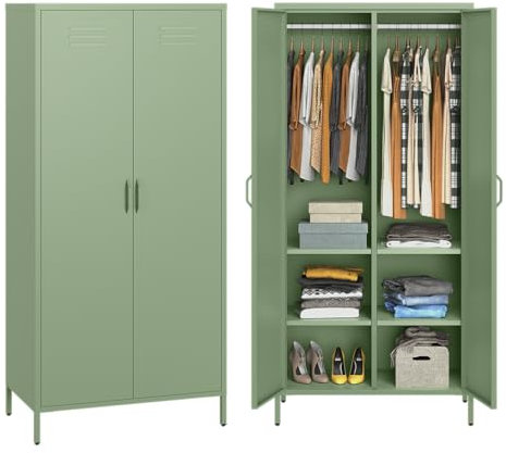 skølm Kleiderschrank Atria, Metallkleiderschrank mit 2 Türen, Metallschrank 4 Fächer und Kleiderstange, Schrank mintgrün 170x80x45 cm (HxBxT)