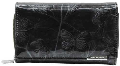 Jennifer Jones - Damen Leder Geldbörse Großer Geldbeutel viele Fächer | Portemonnaie mit RFID-Schutz Schmetterlings-Motiv - Schwarz