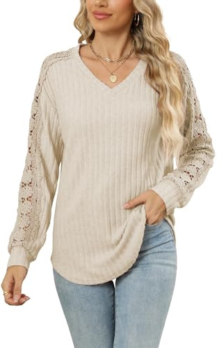Famulily V Neck Jumpers Women UK Lightweight Hollow Out Long Sleeve Tops for Autumn,Winter Layering,Casual Office Wear