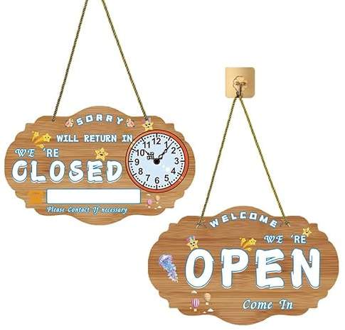 Cartello aperto e chiuso 8Gnituhs con orologio, cartello aziendale reversibile bifacciale, da appendere alla finestra o alla porta 40x25 cm, per ritorneremo, cartello temporaneamente chiuso,