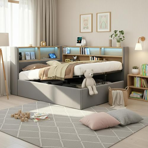 Miyemo Day Bed, 3ft Upholstered Single Bed Frame with Charging-Station & LED-Lighting, Ottoman Sofa Bed with Hydraulic & Storage Compartment, Velvet, 90x190cm, Grey, (No Mattress)