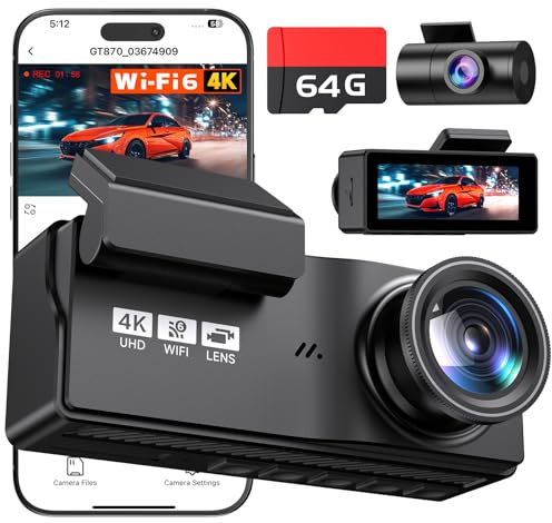 Dashcam Auto Vorne Hinten 4K+4K, WiFi Dash Cam mit 64GB SD-Karte | 3,2'' Bildschirm, Super Nachtsicht, WDR, G-Sensor, 24/7 Parküberwachung, Loop-Aufnahme, APP Steuerung, Max 256G