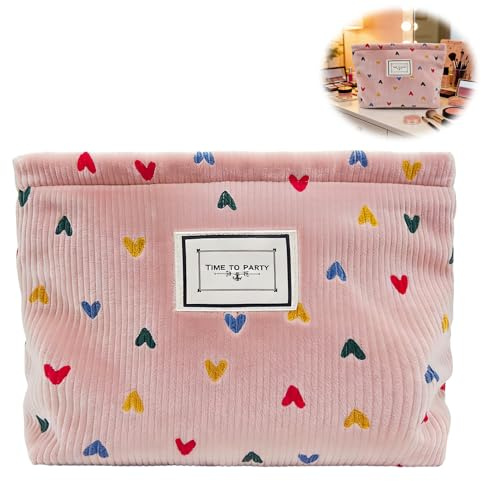 Nify Trousse de Toilette Femme Taille Moyenne en Velours Côtelé Rose, Motifs Cœurs Brodés, Grande Ouverture et Fermeture Éclair, Pochette Souple pour Maquillage, Voyage, Sac à Main et Valise