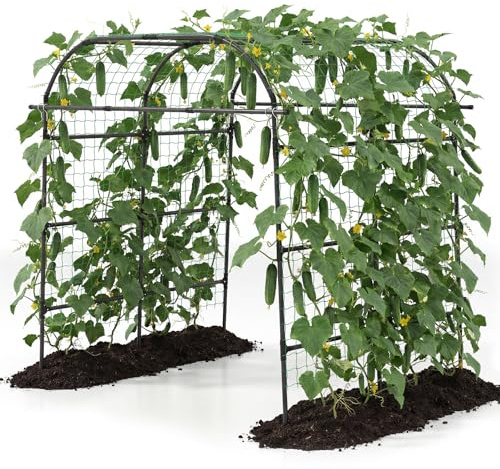 GOPLUS Rankgitter für Kletterpflanzen, 230cm hoch, Gartenbogen Metall mit verstellbare Breite, U-förmige Rankhilfe mit Netz & PE-beschichtet, Rosenbogen Pflanzengitter für Gurken, Blumen & Weinreben