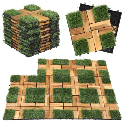 Holzfliesen Akazie mit Kunstrasen, Holzfliesen Balkon 30x30 cm, Terrassenfliesen mit Klicksystem,Wetterfest Terassenplatten Außenbereich für Balkonboden, Terrasse, Garten, 22 Stück/2 m²