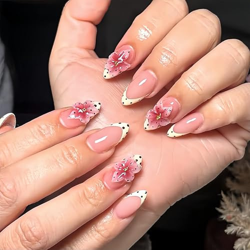 Dermalyx Press On Nails Almond French, Nude Rosa Nägel, Künstliche Fingernägel, Nägel zum Aufkleben, Fake Nails Set, Gelnägel zum Aufkleben, Sommer Nägel Design