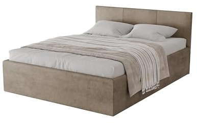 Meblofun Polsterbett DONA mit Kopfteil, 160x200 cm, Doppelbett mit Bettkasten und Lattenrost aus Holz, Velourstoff, Farbe: Beige