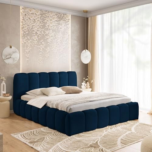 Home Collective Polsterbett Doppelbett Bubble Bett mit Stauraum viele Größen | Bettgestell mit Lattenrost weicher Bouclé Bezug Steppung niedriges Kopfteil | Schlafzimmer Möbel | Marineblau 160x200 cm