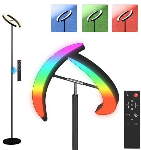 HOMCOM LED Stehlampe RGB Stehleuchte Dimmbar mit 350° Drehbarem Doppelkopf | Fernbedienung, Touch-Steuerung, 4 Farbtemperaturen, Timer, 3100 lm 2700K-6000K, Deckenfluter, Wohnzimmer, Büro