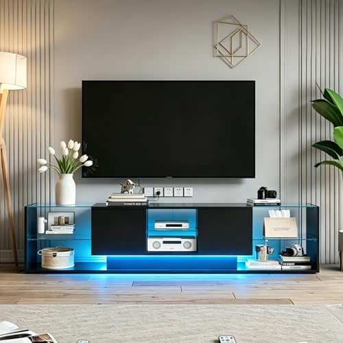 Tv Schrank mit led,Fernsehtisch mit 2 Schublade Fernseher Schrank tv Lowboard Stehend Fernseher Kommode TV Board mit Offenen Stauraum für Wohnzimmer, Esszimmer, Schlafzimmer (Schwarz, 200x35x45cm)