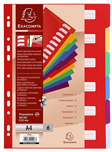 Exacompta 4906E Premium-Register für DIN A4 aus langlebigem Kunststoff 6-teilig volle Höhe 21 x 29,7 cm blickdicht 6 Farben mit Organisationsdruck auf der ersten Seite Trennblätter