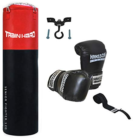 Hansson.Sports Boxset: Boxsack 120cm lang + Boxhandschuhe 12OZ + Bandage + Deckenhalter
