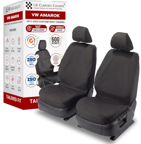 To Fit VW Amarok Seat Covers 2011-2022 Front Set | Waterproof & Heavy Duty, Airbag Compatible, Easy To Fit - Tailored Driver & Passenger Black