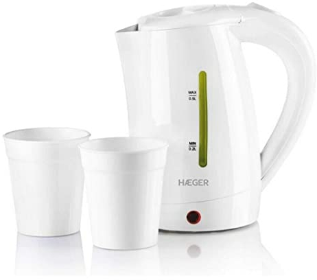 HAEGER Travel - Hervidor electrico - con 1100W de Potencia, Capacidad de 0,5L - Corte de Seguridad térmica, Elemento de calefacción Oculto, función Auto Apagado, lámpara indicadora de calefacción