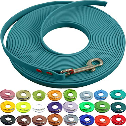 bio-leine Schleppleine 12 mm aus Beta BioThane® 10 Meter lang in Lagune ohne Handschlaufe für mittelgroße Hunde, schmutz- und Wasserabweisende Hundeleine