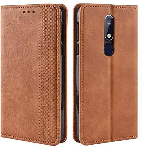 HualuBro Handyhülle für Nokia 7.1 Hülle, Retro Leder Brieftasche Tasche Schutzhülle Handytasche LederHülle Flip Case Cover für Nokia 7.1 - Braun