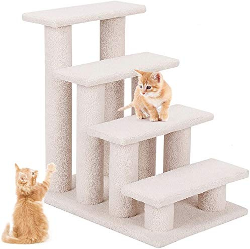 DREAMADE Katzentreppe Tiertreppe, Kletterbaum Treppe, Tierkreppe mit 4 Stuppen, Hundetreppen Katzenbaum Spielbaum, Klettertreppe für Katzen und Hunde, Milchweiß