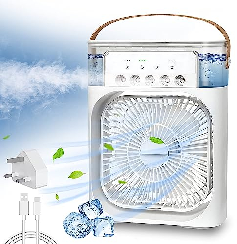 NTMY Mini Air Cooler, USB Desk Fan, Personal Evaporative Cooler with 7 Colors LED Light, 1/2/3 H Timer, 3 Wind Speeds and 3 Spray Modes for Office, Home, Dorm, Travel