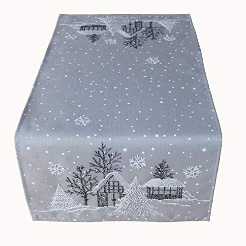 Raebel OHG Tischläufer Stickerei Winterdorf Tanne Weihnachten weiß Deko Weihnachtstischdecke (hellgrau-weiß, 40 x 140 cm)