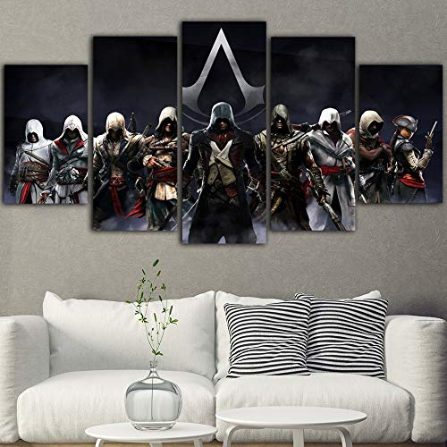 DYCUN 5-Teilige Wandkunst - Assassins Creed Spiel Poster HD Ölgemälde auf Leinwand - Schwarze Kunst Wandbilder für Wohnzimmer Hauptdekoration