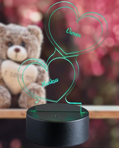 LED Herz-Leuchte mit Gravur Personalisiert | LED-Herz mit Wunsch-Namen Farb-Lichtern als Geschenk-Idee | Stimmungslicht Graviert | Deko Wohnzimmer Nachtlicht | 7 Farben | Geschenk