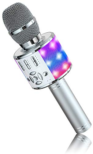 BONAOK Karaoke Mikrofon Bluetooth, 4 in 1 Drahtlos Karaoke Mikrofone, LED Kinder Karaoke Mikrofon Lautsprecher, Heim KTV Karaoke Gerät, kompatibel mit iOS Android Bluetooth Geräten (Siber)