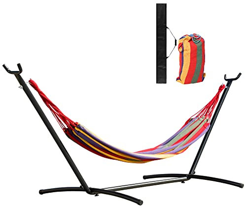 Outsunny Hamaca con Soporte de Acero Hamaca para Jardín Portátil con Altura Ajustable en 6 Niveles y Bolsa de Transporte para Patio Carga 120 kg 200x150 cm Multicolor