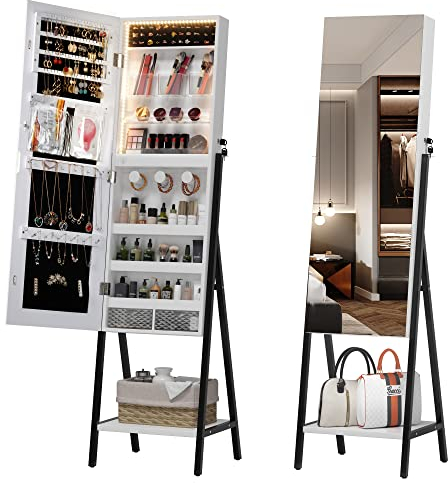 LVSOMT Armoire à Bijoux sur Pied avec LED, Armoire a bijoux avec Miroir Pleine Longueur, Armoire bijoux miroir avec étagères, Miroir bijoux avec Grand espace de stockage pour Chambre Vestiaire, Blanc