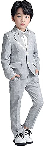 LOLANTA 3-teiliges Jungen Plaid Anzug Set, Eleganter Blazer für Hochzeits-Abschlussball, Formelle Kleidung Jacken-Hose-Fliege Set (12-13 Jahre, Grau)