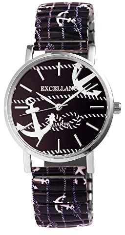 Excellanc Damen-Uhr Edelstahl Zugband Maritim Anker Print Analog Quarz 1700069