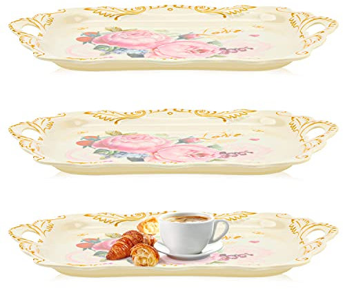 Bandeja de melamina para servir, paquete de 3 bandejas apilables para alimentos, plato grande para servir con asa para comer, plato grande irrompible con estampado floral (16.5 x 11.3 x 1.4 pulgadas)